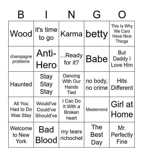 Taylor Swift Bingo #4 Bingo Card