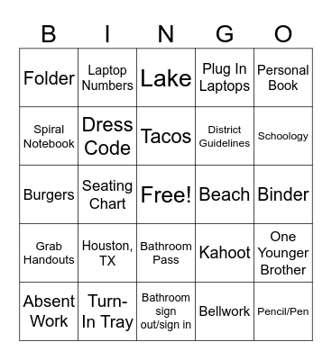 First Day of School Bingo Card