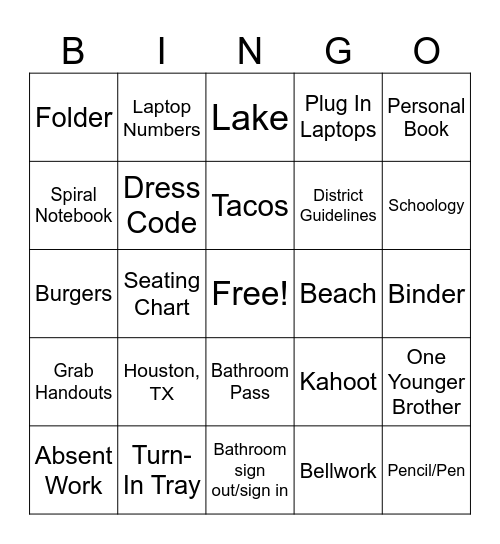 First Day of School Bingo Card