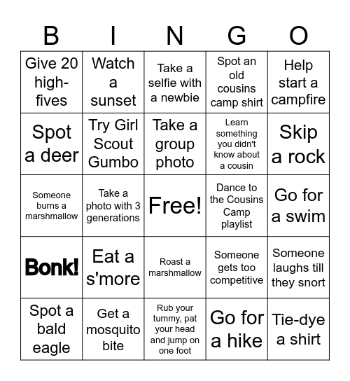 COUSINS CAMP BINGO Card