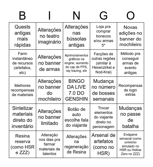 BINGO DA LIVE 7.0 DO GENSHIN Bingo Card