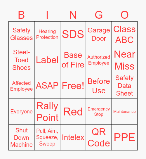 Safety Day Bingo Card