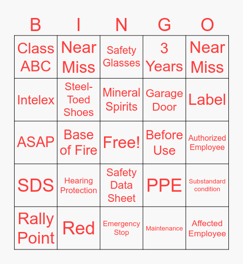 Safety Day Bingo Card