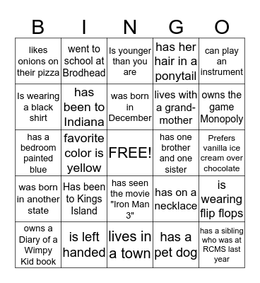 Get to know each other Bingo Card