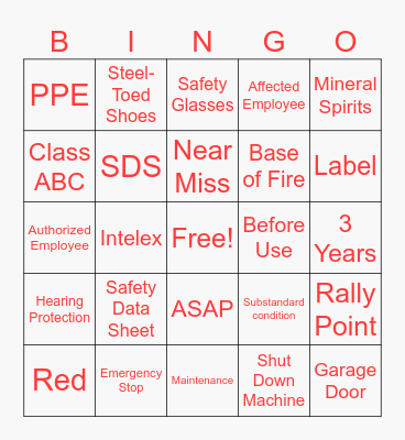 Safety Day Bingo Card