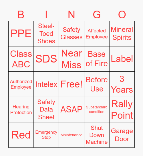 Safety Day Bingo Card