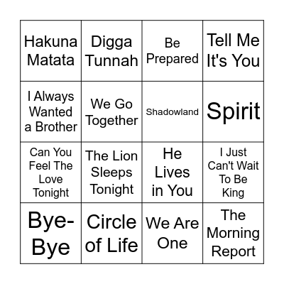 Lion King Songs Bingo Card