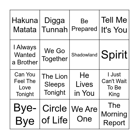 Lion King Songs Bingo Card