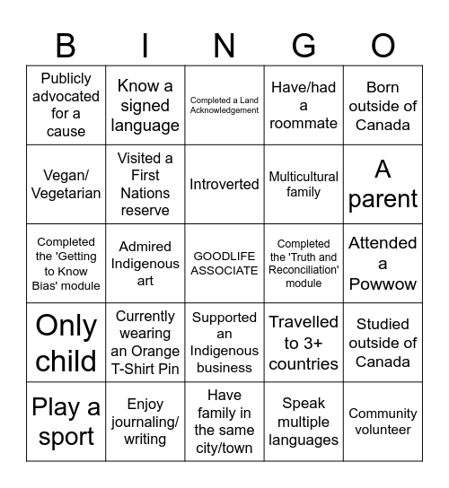 GoodLife Team Building Bingo Card