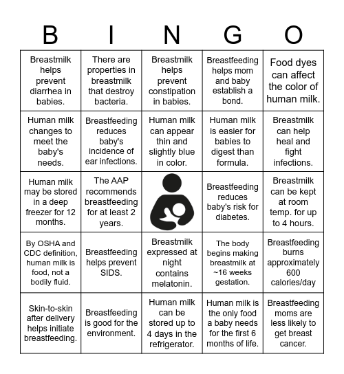 Breastfeeding BINGO! Bingo Card