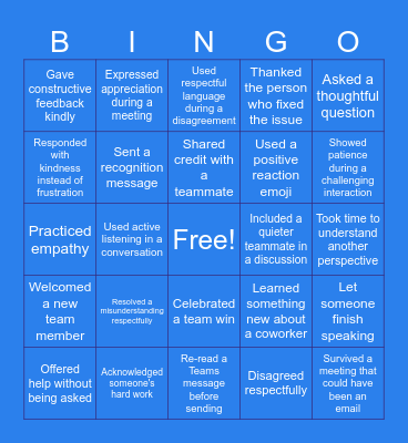 National Civility Month Bingo Card