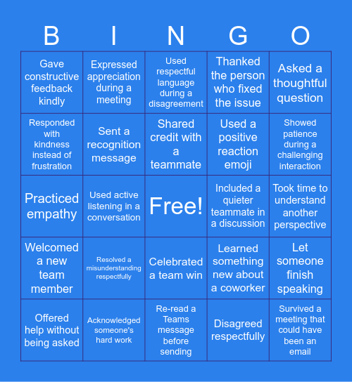 National Civility Month Bingo Card