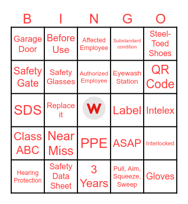 Safety Day Bingo Card
