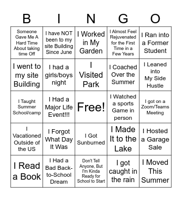 Summer Break Bingo Card