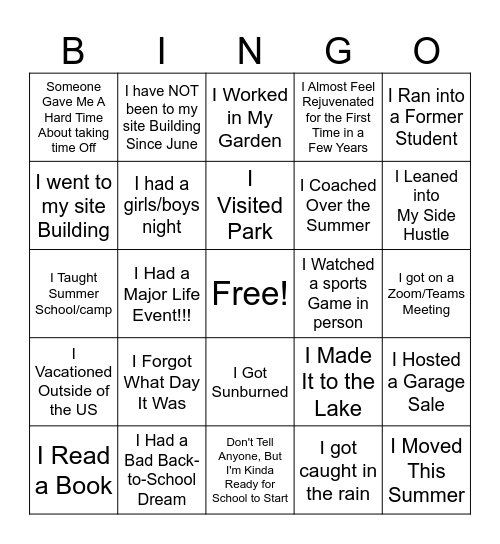 Summer Break Bingo Card