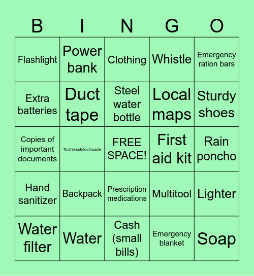 Go-Bag Bingo Card