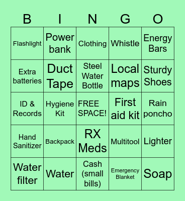 Go-Bag Bingo Card