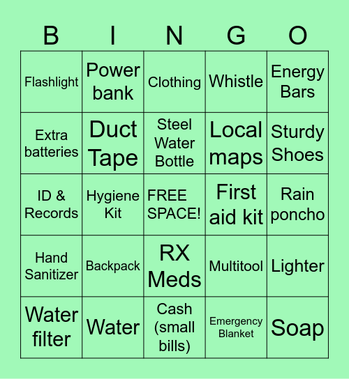 Go-Bag Bingo Card