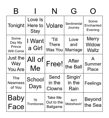 Reader' Digest Popular Songs Bingo Card