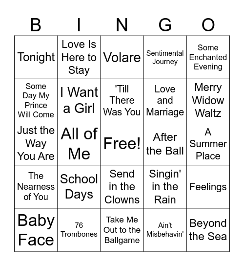 Reader' Digest Popular Songs Bingo Card