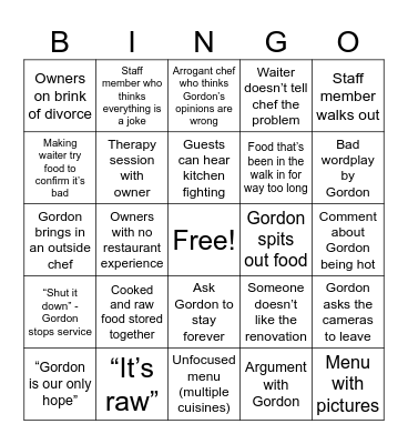 Kitchen Nightmares Bingo Card
