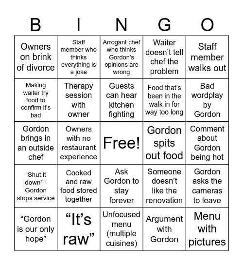 Kitchen Nightmares Bingo Card