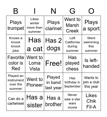 Cadet Bingo Card