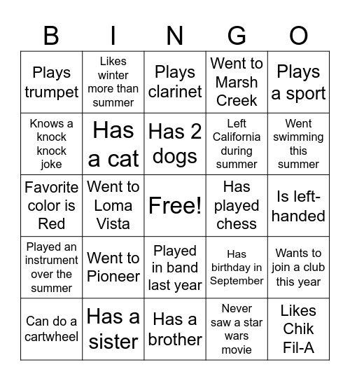 Cadet Bingo Card