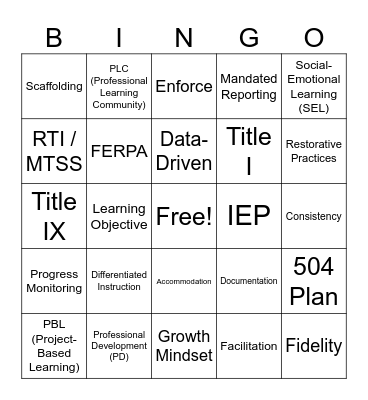 Education Buzz Words Bingo Card