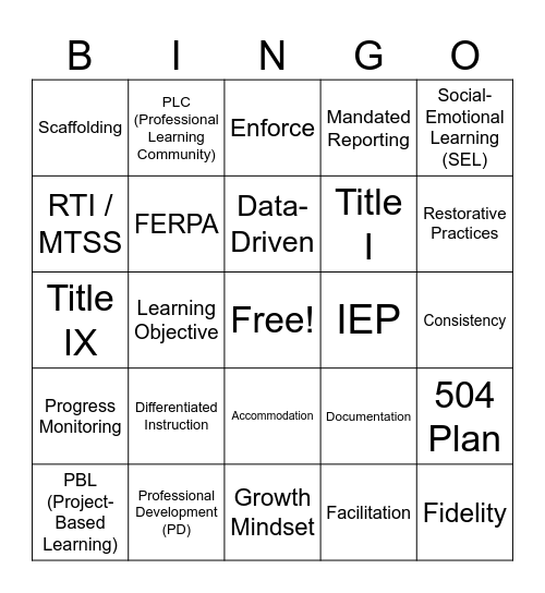 Education Buzz Words Bingo Card