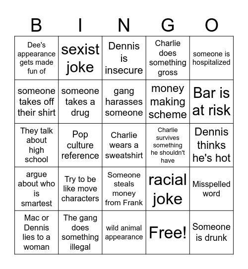 It's Always Sunny Bingo Card