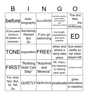 7th GRADE ENGLISH BINGO Card