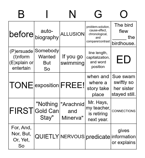 7th GRADE ENGLISH BINGO Card