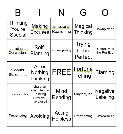 Thinking Errors Bingo Card