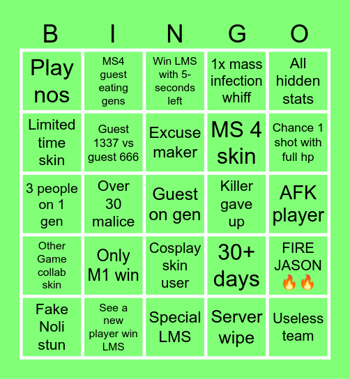 Forsaken Bingo Card