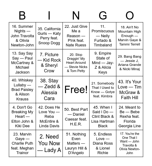 Pop Duos Bingo Card