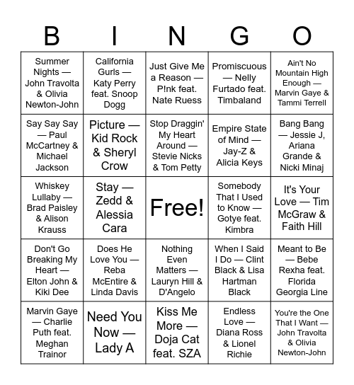 Pop Duos Bingo Card