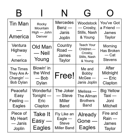 Hippie Power (70s) Bingo Card