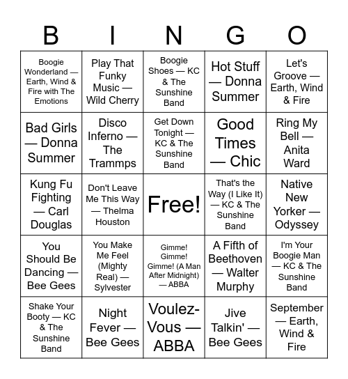 Disco Fever Bingo Card