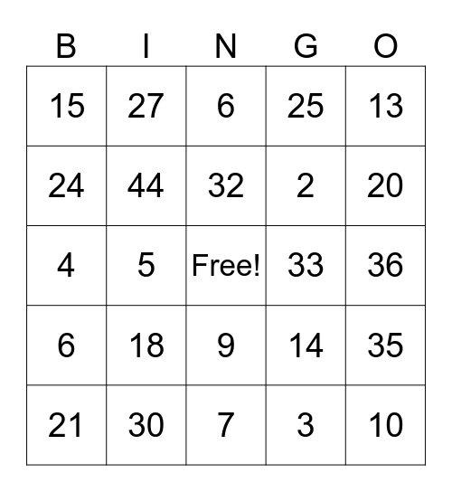 Multiplication and Division Bingo Card