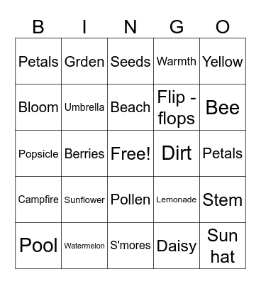 Summer Time Fun Bingo Card