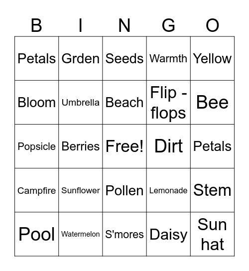 Summer Time Fun Bingo Card