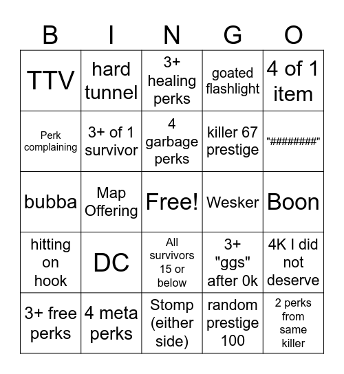 DBD Chaos shuffle Bingo Card