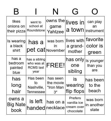 Get to know each other Bingo Card