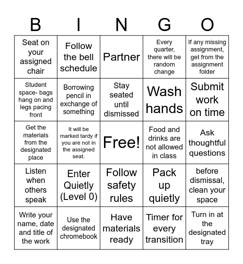 CLASSROOM RULES AND PROCEDURES Bingo Card