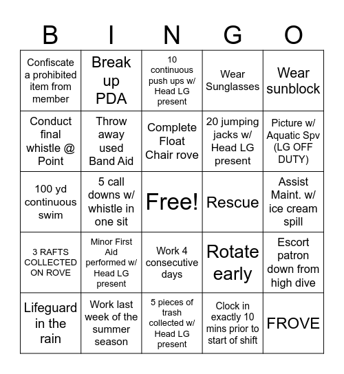 Lakeside Lifeguard Bingo Card