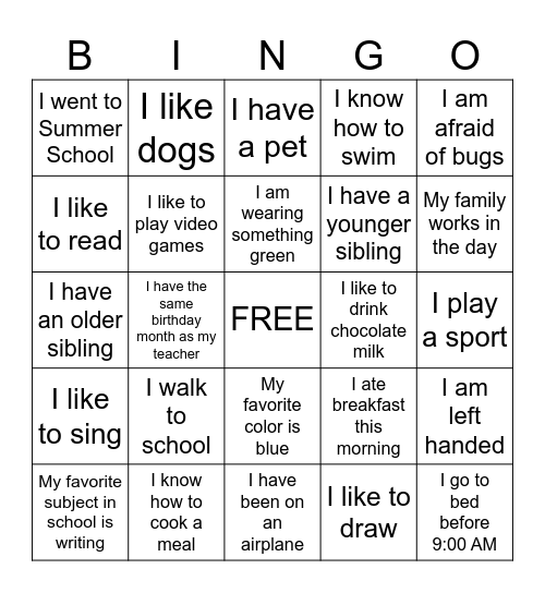 Getting to Know You Bingo Card