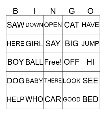Early Words 2 Bingo Card