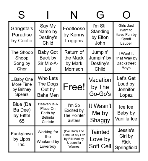 Totally 90's SINGO! Bingo Card