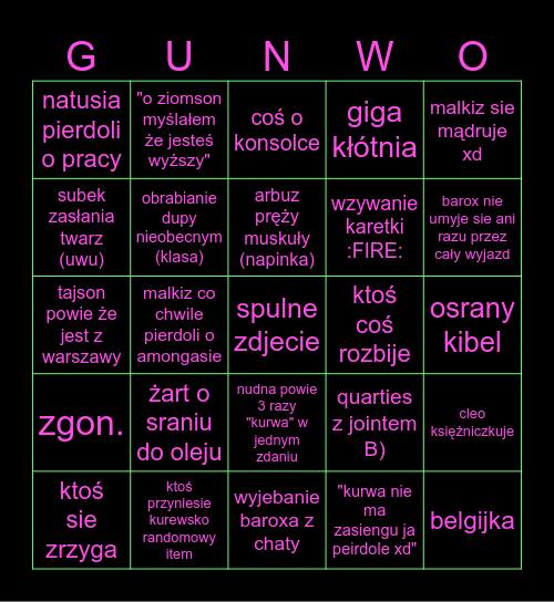 wyjazd jebany Bingo Card